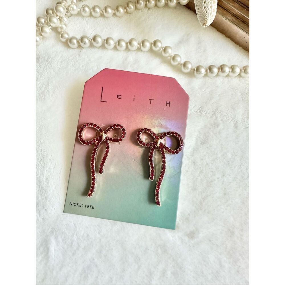 Leith ruby pink bow rhinestone dangle earrings